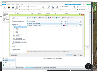 Trados Studio screenshot showing a message 'You have set up different translation memories or automated translation providers for certain language pairs'.