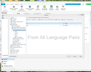 Trados Studio screenshot with a window reading 'From all language pairs' indicating no specific language pair selection.