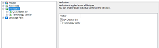 Trados Studio Project Settings window showing Verification section with QA Checker 3.0 and Terminology Verifier options checked, but Tag Verification is missing.