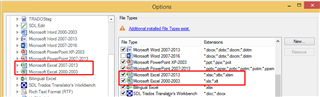 Trados Studio Options window showing missing 'Microsoft Excel 2007-2016' filter in file type settings.