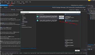Visual Studio Extensions and Updates window showing SDL Trados Studio Templates for Visual Studio 2017 and 2019 with an arrow pointing to the 'Download' button.