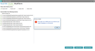 Error message in Trados Studio stating 'The actions are only valid for products that are currently installed.'