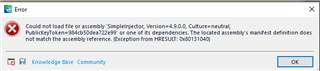 Error popup window titled 'Error' with message: Could not load file or assembly 'Sdl.ProjectApi, Version=15.0.0.0, Culture=neutral, PublicKeyToken=c28cdb26c445c888' or one of its dependencies. The located assembly's manifest definition does not match the assembly reference. (Exception from HRESULT: 0x80131040). Buttons for 'Knowledge Base' and 'Community' are visible, as well as an 'OK' button.