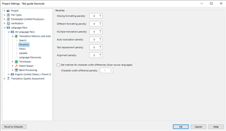 Trados Studio Project Settings window showing penalties section with 'Different formatting penalty' set to 0.