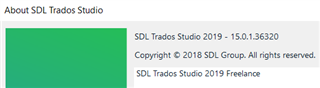 About SDL Trados Studio window showing version 2019 - 15.0.1.36320 and copyright information, with no visible errors or warnings.