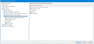 Screenshot of Trados Studio Project Template settings showing options for Translation Memory and Automated Translation, with no visible errors or warnings.