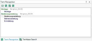 Screenshot of Trados Studio's Term Recognition window showing a list of German terms without their English translations.