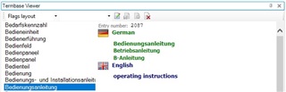 Screenshot of Trados Studio's Termbase Viewer window displaying a German term 'Bedienungsanleitung' with its English translation 'operating instructions'.