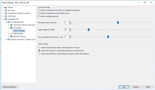 Screenshot of Trados Studio's Project Settings window with Search Settings showing minimum match value and search depth sliders.