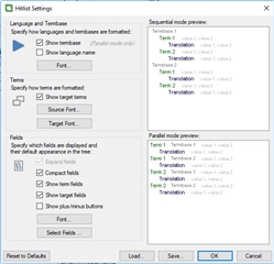 Screenshot of Trados Studio's Hitlist Settings window with options for term recognition display in sequential and parallel mode previews.