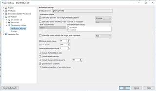 Screenshot of Trados Studio's Verification Settings window with options for term consistency checks and minimum match value settings.