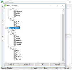 Screenshot of Trados Studio's Hitlist Settings window with Field Selection for 'flag_gloss_DE-EN' checked.