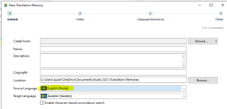 Trados Studio New Translation Memory setup window showing fields for Name, Description, Source Language dropdown menu with 'English (World)' selected, and Target Language.