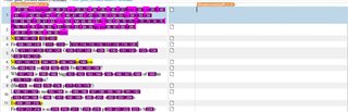 Screenshot of Trados Studio showing a project file with multiple lines of text highlighted in purple and pink, indicating potential errors or unprocessed tags.