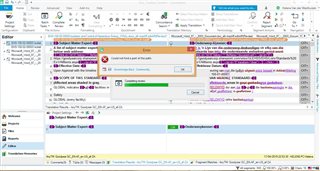 Trados Studio 2019 interface with an error message 'Failed to save target content: Object reference not set to an instance of an object.' in the foreground.
