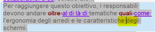 Screenshot of Trados Studio before text insertion, showing the phrase 'quali come l'ergonomia degli arredi e le caratteristiche degli schermi' highlighted in yellow.