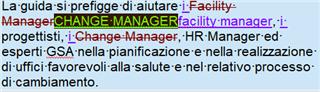 Screenshot of Trados Studio showing text after revision with 'CHANGE MANAGER' incorrectly inserted in a different part of the segment.