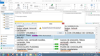 Screenshot of Trados Studio with an error pop-up in Spanish stating 'The TM couldn't be found and was disabled'.
