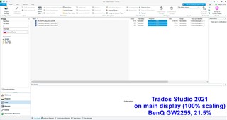 Trados Studio 2021 interface on BenQ GW2255 main display with 100% scaling, showing the start screen with no visible errors.