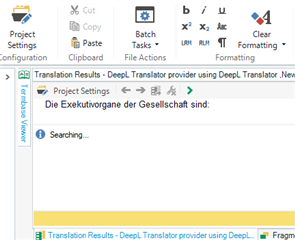 Trados Studio screenshot showing the Translation Results pane with a 'Searching...' message, indicating a delay in retrieving TM results for the segment 'Die Exekutivorgane der Gesellschaft sind:'