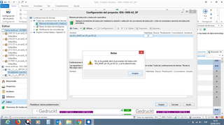 Screenshot of Trados Studio project settings showing the TM enabled but greyed-out, with an error message in Spanish.