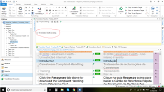 Trados Studio interface showing a translation project with an error message in a red box stating 'No translation units found'.