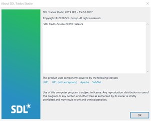Screenshot of 'About SDL Trados Studio' window showing version 2019 SR2 - 15.2.3.8007 with copyright and license information, and an 'OK' button.