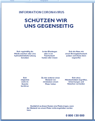 Screenshot of a German COVID-19 information poster with similar prevention measures as the French version, including hand hygiene and avoiding close contact.