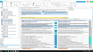 Trados Studio 2019 translation workspace with a French to English document, highlighting an issue where unbreakable spaces are not retained in the translated text.