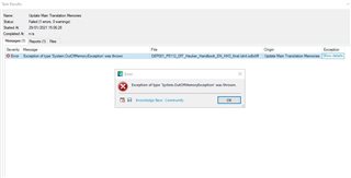 Error message in Trados Studio stating 'Exception of type 'System.OutOfMemoryException' was thrown'.