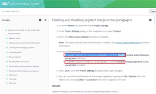 Screenshot of SDL Documentation Center webpage with a section highlighted showing incorrect instruction 'to enable segment merge across paragraphs, select the Disable option'.