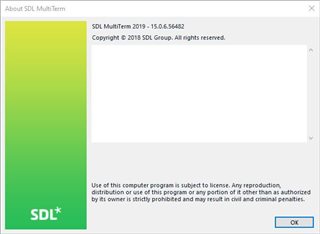 Screenshot of the 'About SDL MultiTerm' window showing version 2019 - 15.0.6.56482 with copyright notice and license information.