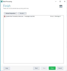 Trados Studio batch processing window showing 'Update Main Translation Memories' with 1 message reported.