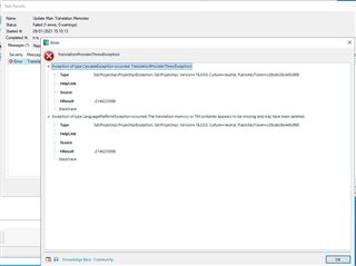 Detailed error message in Trados Studio with exception type 'Sdl.LanguagePlatform.TranslationMemoryApi.TranslationProviderUriTranslationProviderException'.