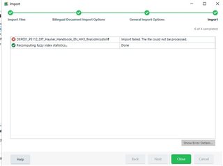 Trados Studio import window showing 'Import failed. The file could not be processed' and 'Recomputing fuzzy index statistics... Done'.