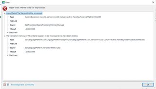 Error message in Trados Studio during import stating 'The translation memory or TM container appears to be missing and may have been deleted'.