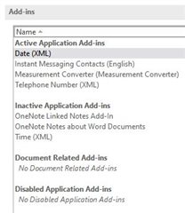 Screenshot of Trados Studio showing a list of add-ins with categories: Active Application Add-ins, Inactive Application Add-ins, and Document Related Add-ins.