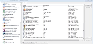 Screenshot of Trados Studio Project Settings showing a list of file types including various XML types.