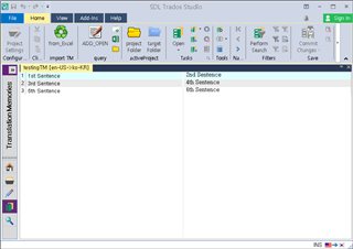 SDL Trados Studio interface showing a Translation Memory view with the same six sentences displayed in two columns.