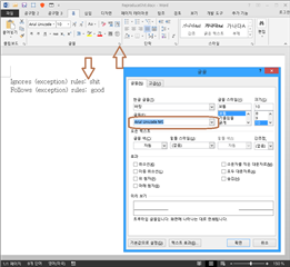 Trados Studio interface showing a highlighted error in the font settings for a space after a colon, with annotations indicating 'Ignores (exception) rules: shit' and 'Follows (exception) rules: good'.