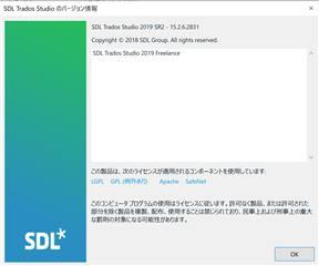 Trados Studio software version information window showing version 2019 SR2 - 15.2.6.2831 with a message in Japanese thanking Mr. Tsuchida for his support and providing the current version details.
