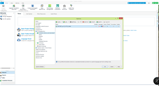 SDL Trados Studio window with a warning message 'You have set up different translation memories or automated providers for certain language pairs'.
