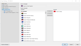 Trados Studio Project Settings window showing Source Language category with English (United Kingdom) selected and an empty Target Languages list.