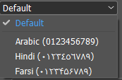 Dropdown menu in Trados Studio showing number options with 'Default' selected and a list including 'Arabic (0123456789)', 'Hindi' with numbers in Devanagari script, and 'Farsi' with numbers in Persian script.