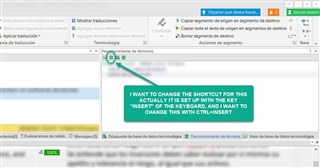 Trados Studio 2021 interface in Spanish showing the terminology window with a highlighted term. A text box indicates a desire to change the shortcut from INSERT to CTRL+INSERT.