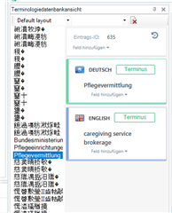 Trados Studio editor showing termbase entries with Chinese characters instead of expected language, indicating a coding error.