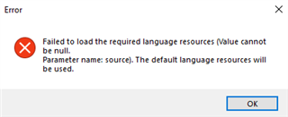 Error dialog box in Trados Studio with message 'Failed to load the required language resources (Value cannot be null. Parameter name: source). The default language resources will be used.' with an OK button.