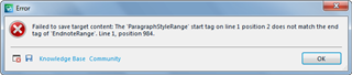 Error message in Trados Studio stating 'Failed to save target content: The ParagraphStyleRange start tag on line 1 position 2 does not match the end tag of EndParagraphStyleRange. Line 1, position 904.' with an OK button.