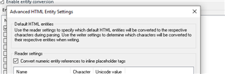 Trados Studio Advanced HTML Entity Settings dialog box with options to convert numeric references to inline placeholder tags.