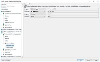 Trados Studio project settings window showing Language Pairs, with a focus on English (United Kingdom) to German (Germany) auto-substitution settings for date formats.